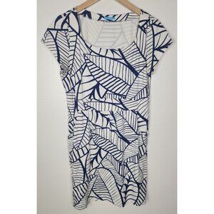 J.McLaughlin Women's Sz. L Navy & White Palm Leaf Short Sleeve Dress